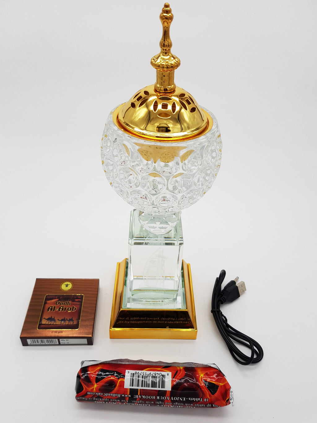 Crystal Bakhoor Burner with Rechargeble LED Lights, 50g Fragrance Paste & 10 Coal Coins