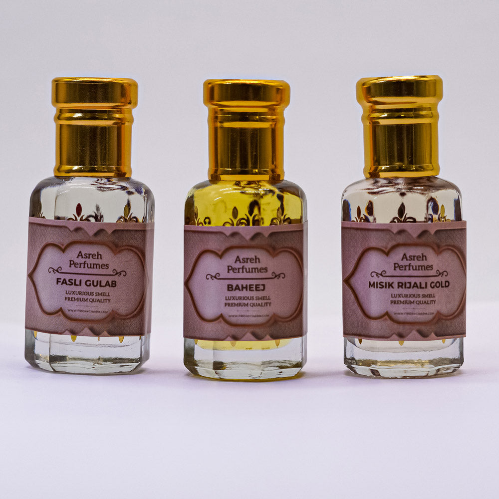 Fasli Gulab, Baheej & Misik Rijali Gold 12ml each, pack of 3 - Asreh Premium Quality Attar