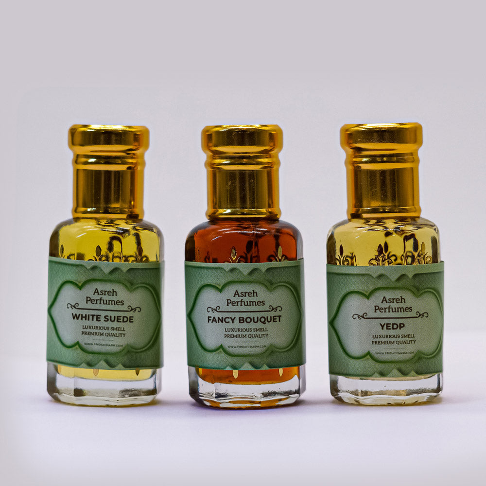 White Suede, Fancy Bouquet & Y.EDP 12ml each, pack of 3 - Asreh Premium Quality Attar