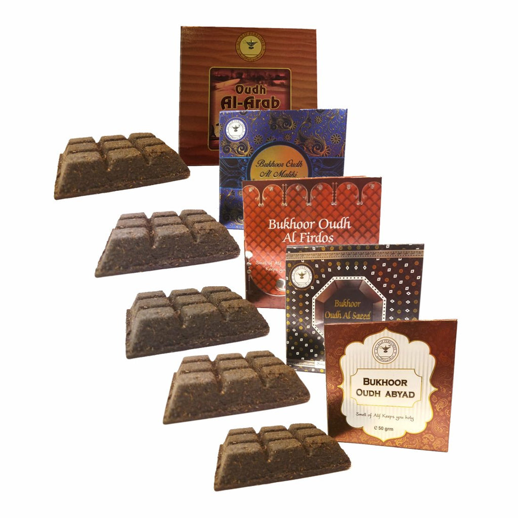 Alif Bukhoor Oudh Abyad, Al Firdous, Al Saeed, Al Maliki & Al Arab Incense Home Fragrance Pack Of 5 x 50g