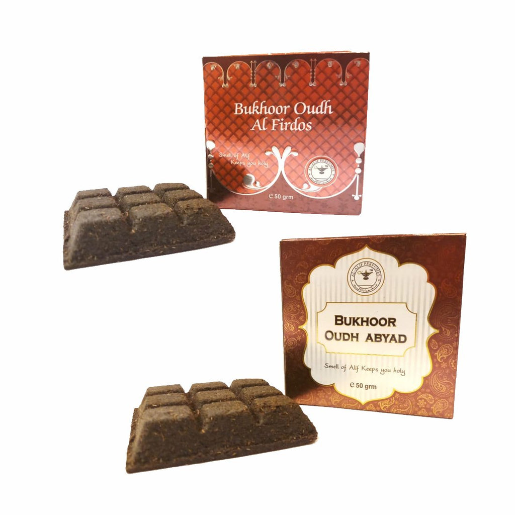Alif Bukhoor Oudh Abyad & Al Firdous Incense Home Fragrance Combo Pack Of 2 x 50g