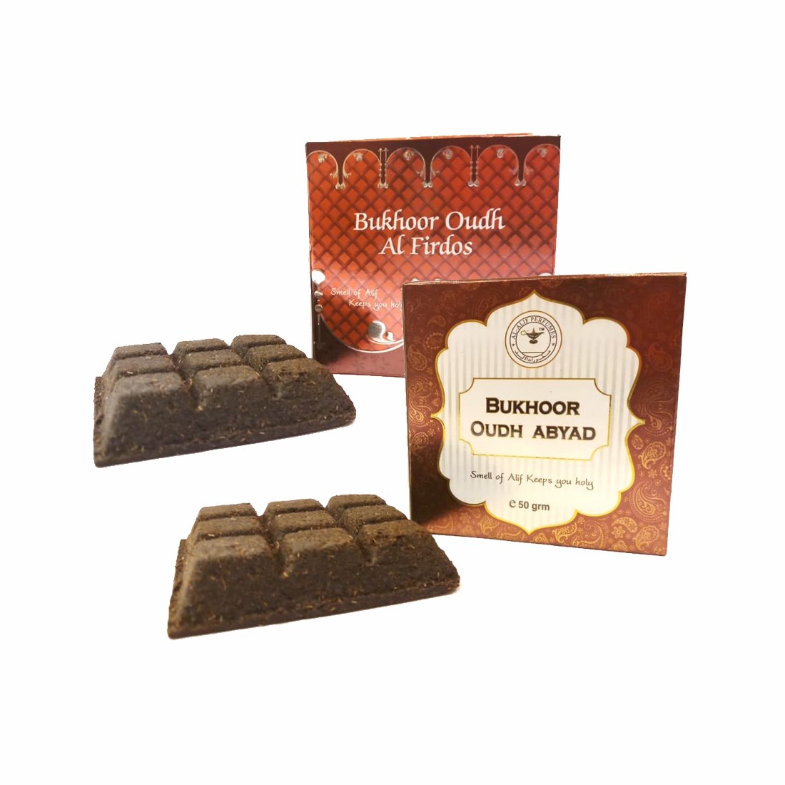Alif Bukhoor Oudh Abyad & Al Firdous Incense Home Fragrance Combo Pack Of 2 x 50g